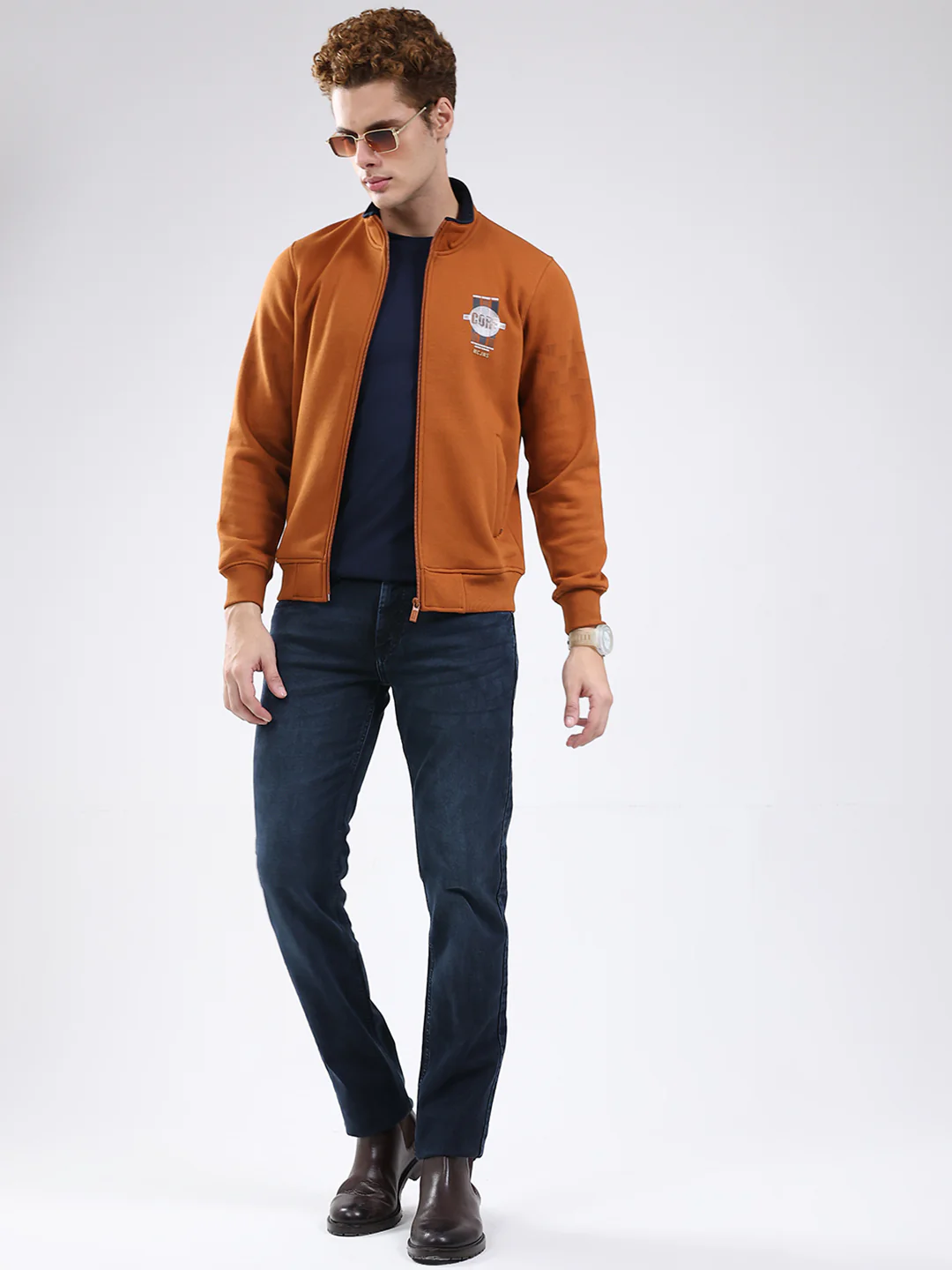 Men Rust Printed Mock Neck Full Sleeve Sweatshirt - Image 2