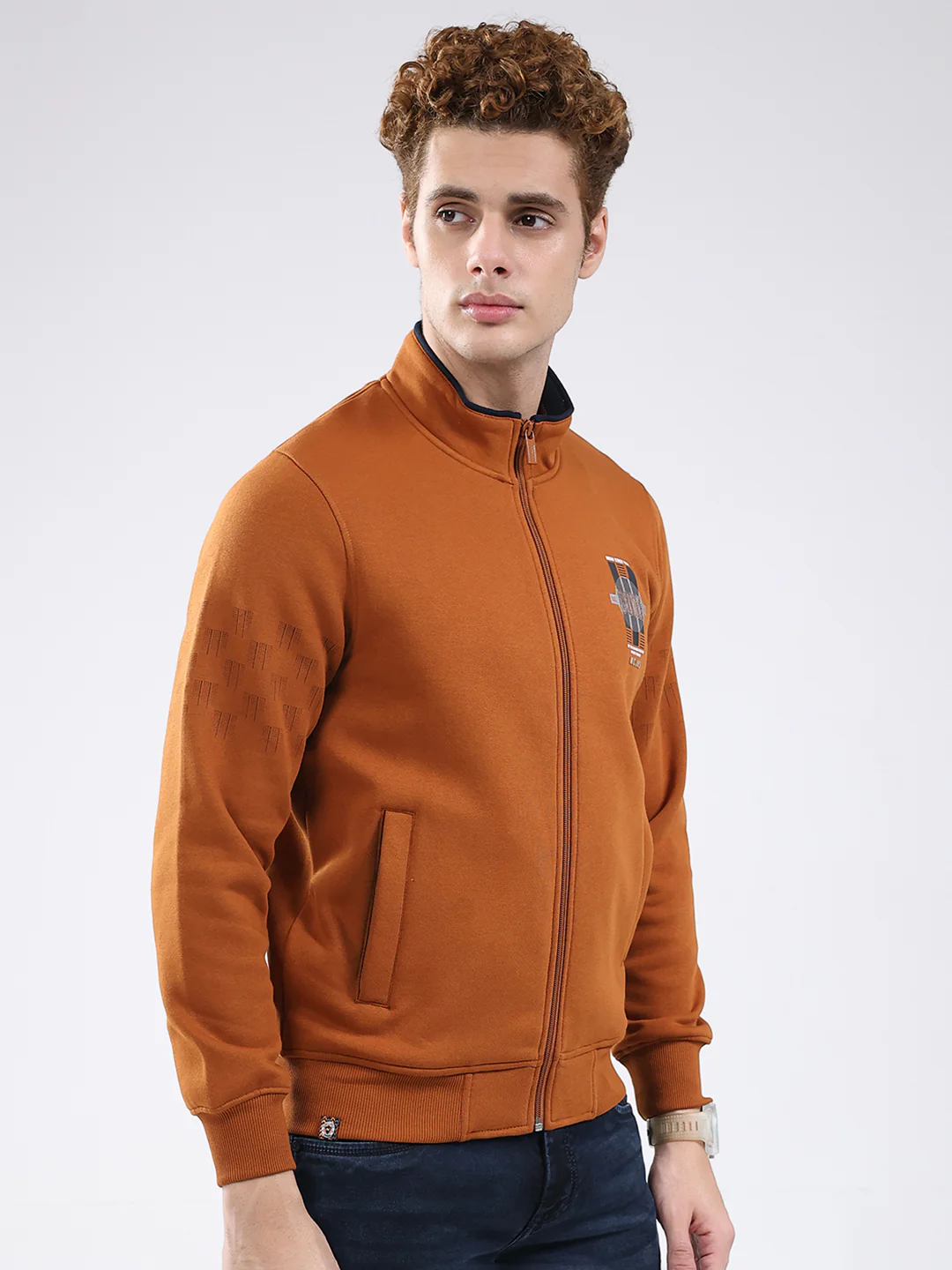 Men Rust Printed Mock Neck Full Sleeve Sweatshirt - Image 4