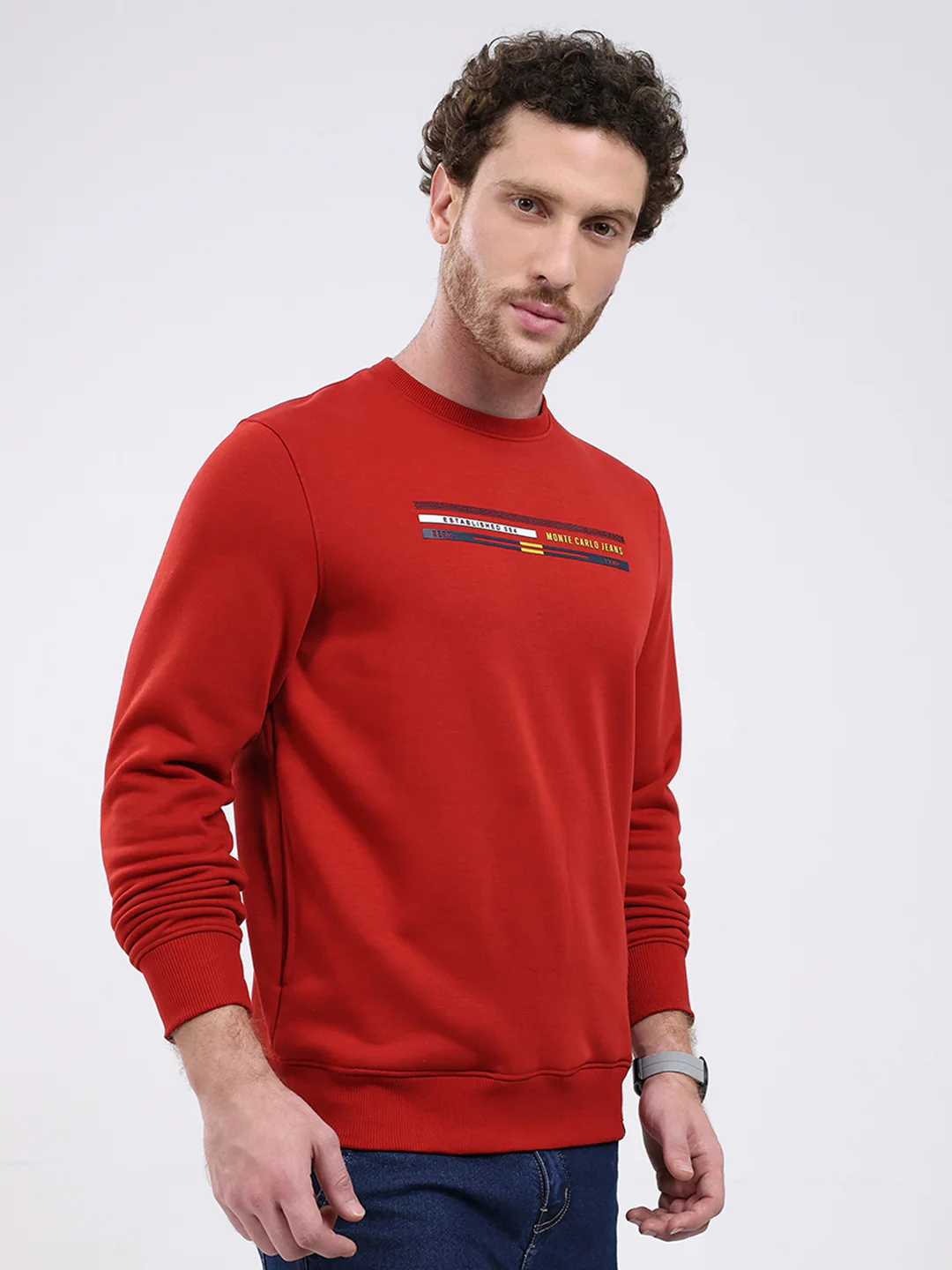 Men Rust Printed Round Neck Full Sleeve Sweatshirt - Image 4