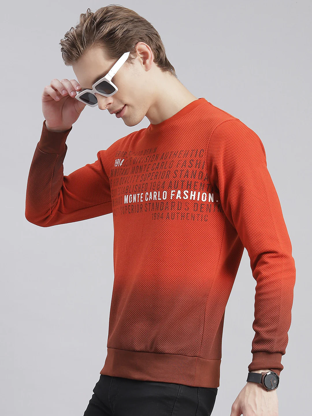 Men Rust Printed Round Neck Full Sleeve Sweatshirts - Image 3