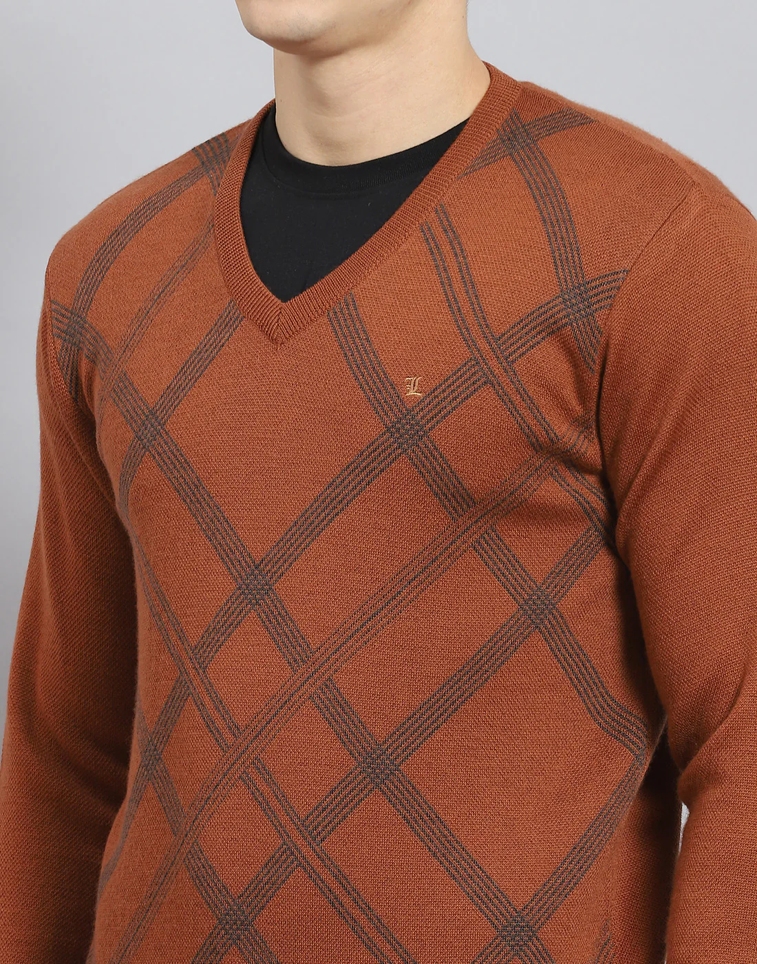 Men Rust Printed V Neck Full Sleeve Sweater - Image 8