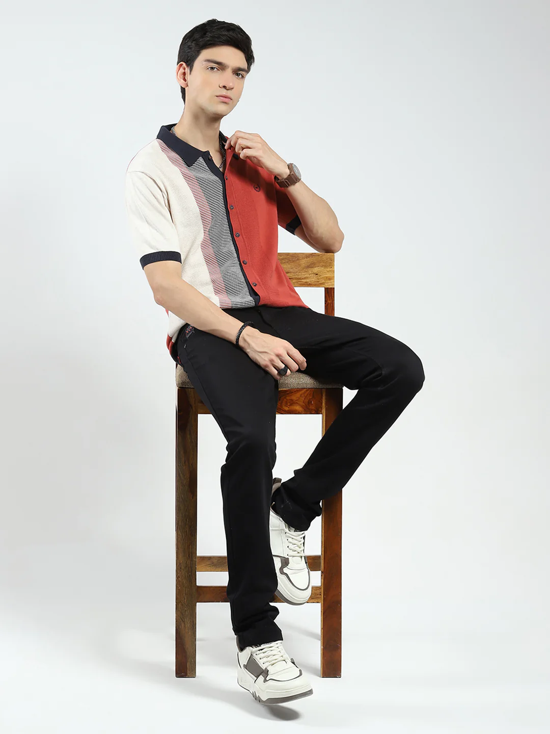 Men Rust Self Design Collar Half Sleeve T-Shirt - Image 2