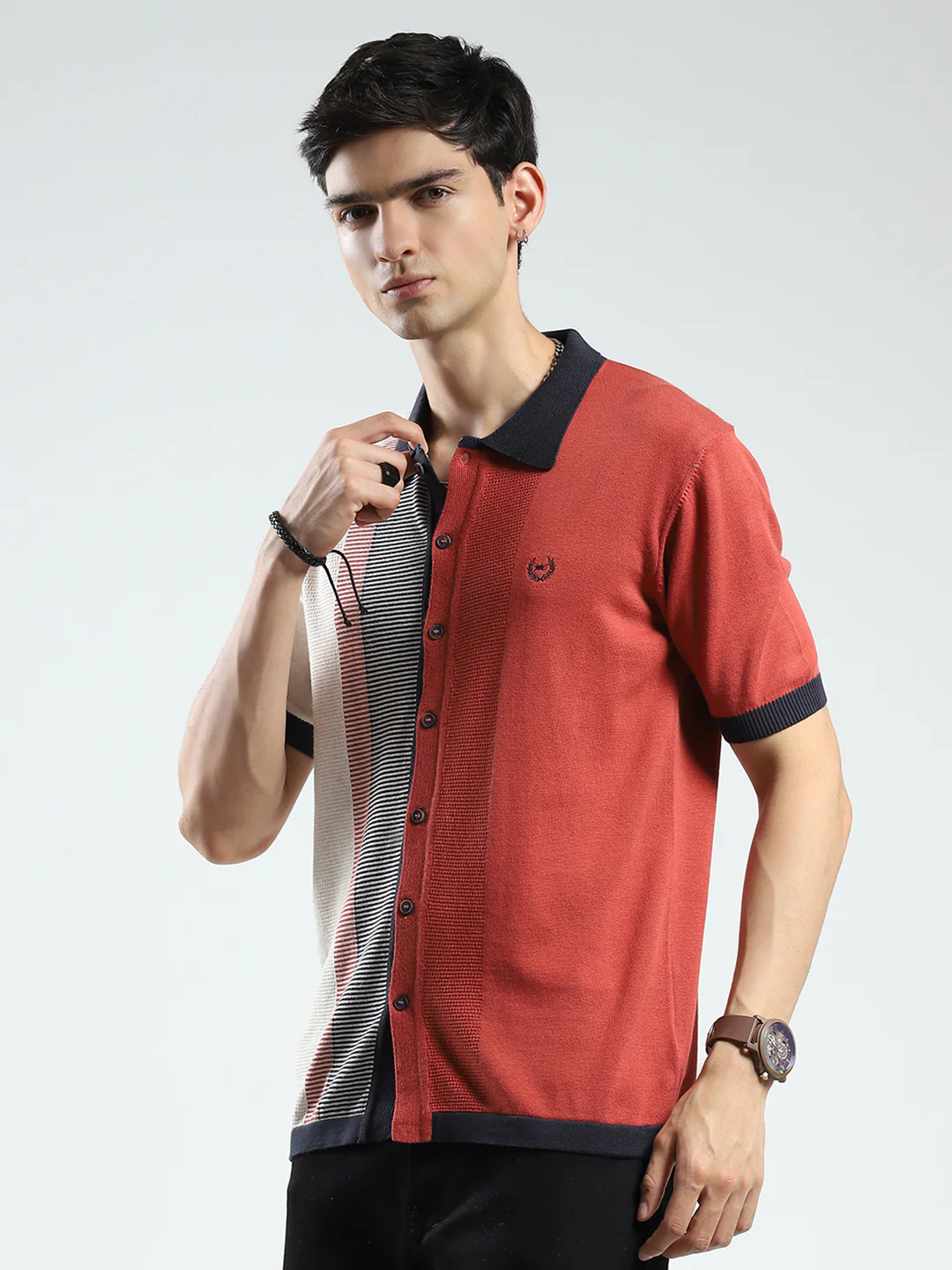 Men Rust Self Design Collar Half Sleeve T-Shirt - Image 3