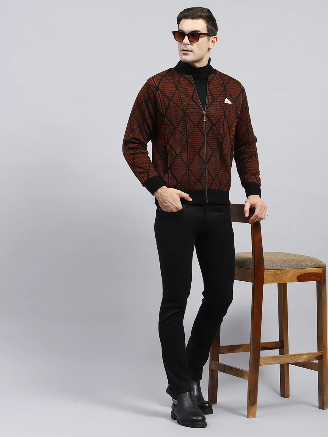 Men Rust Self Design Round Neck Full Sleeve Jacket - Image 2