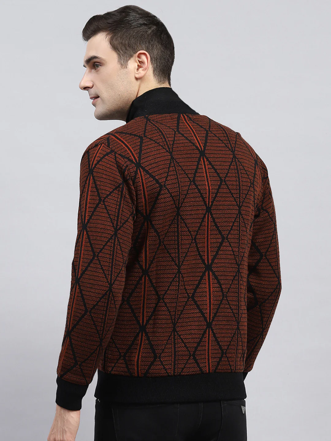 Men Rust Self Design Round Neck Full Sleeve Jacket - Image 5