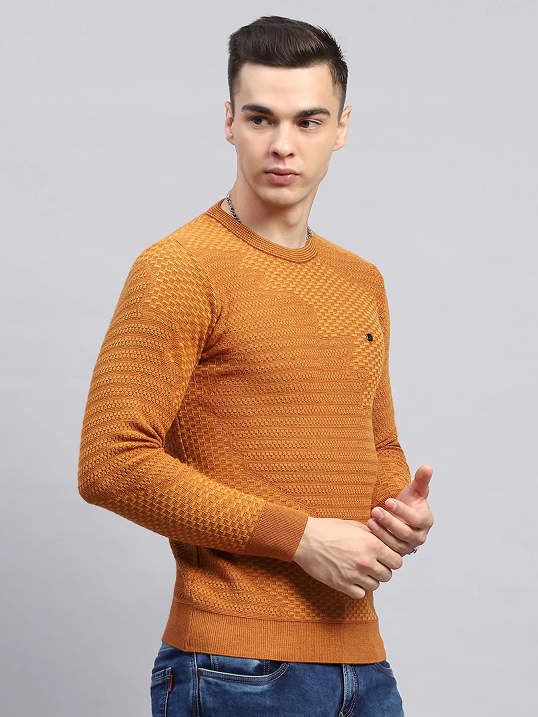 Men Rust Self Design Round Neck Full Sleeve Pullover - Image 4