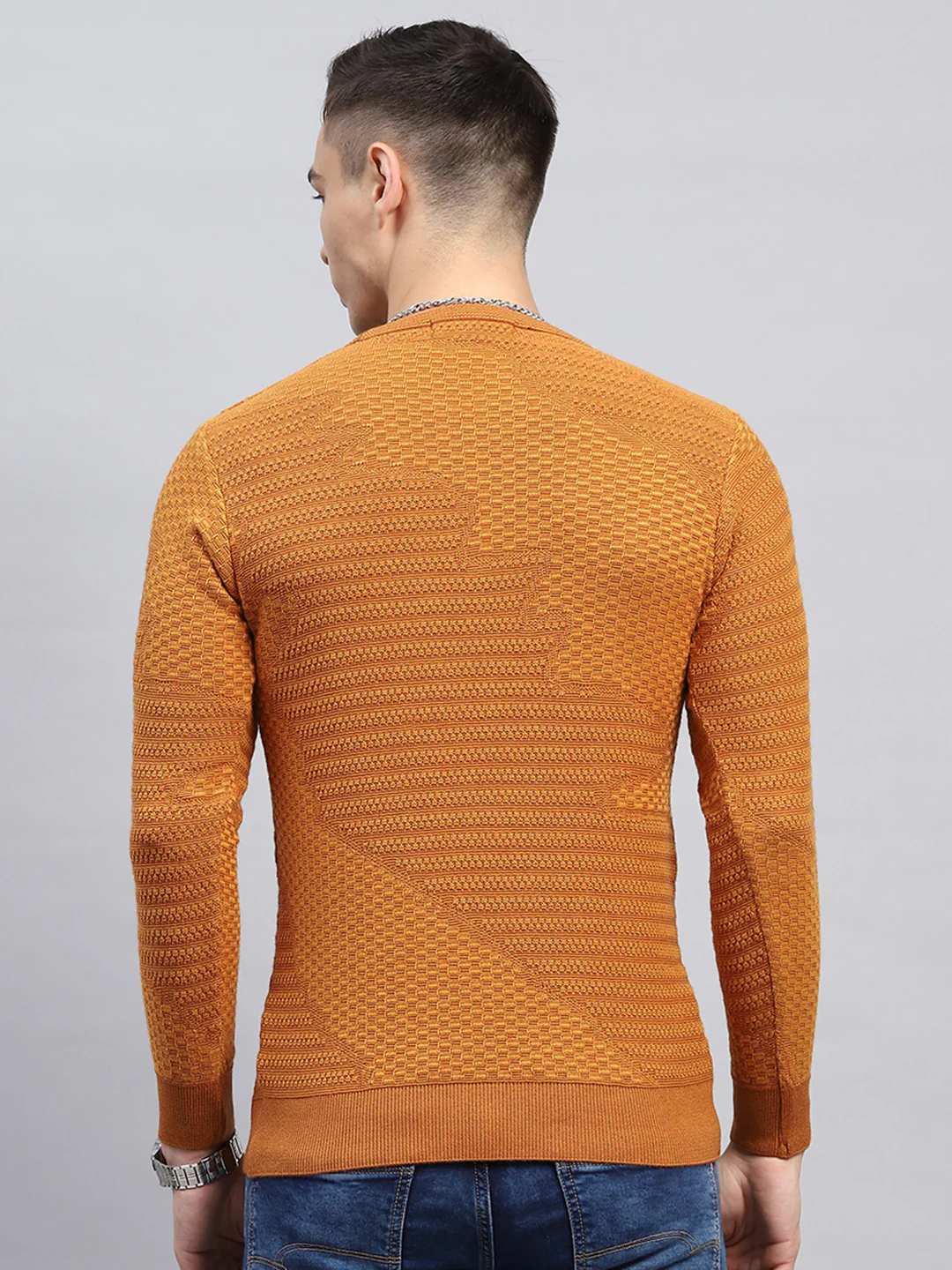 Men Rust Self Design Round Neck Full Sleeve Pullover - Image 5