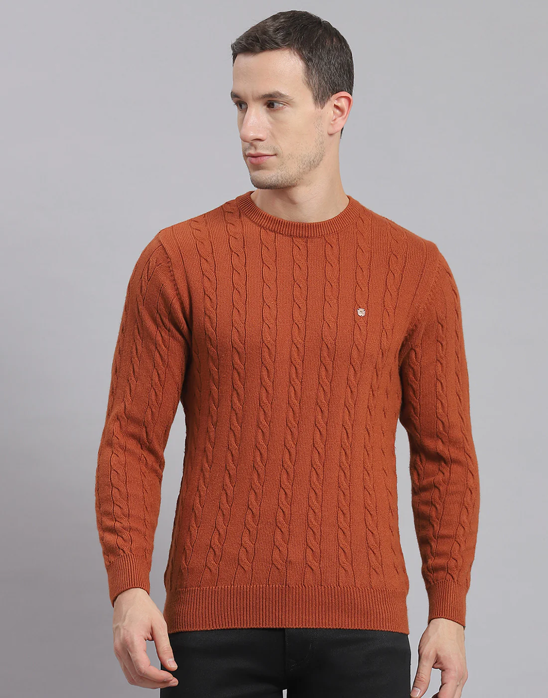 Men Rust Self Design Round Neck Full Sleeve Sweater - Image 2