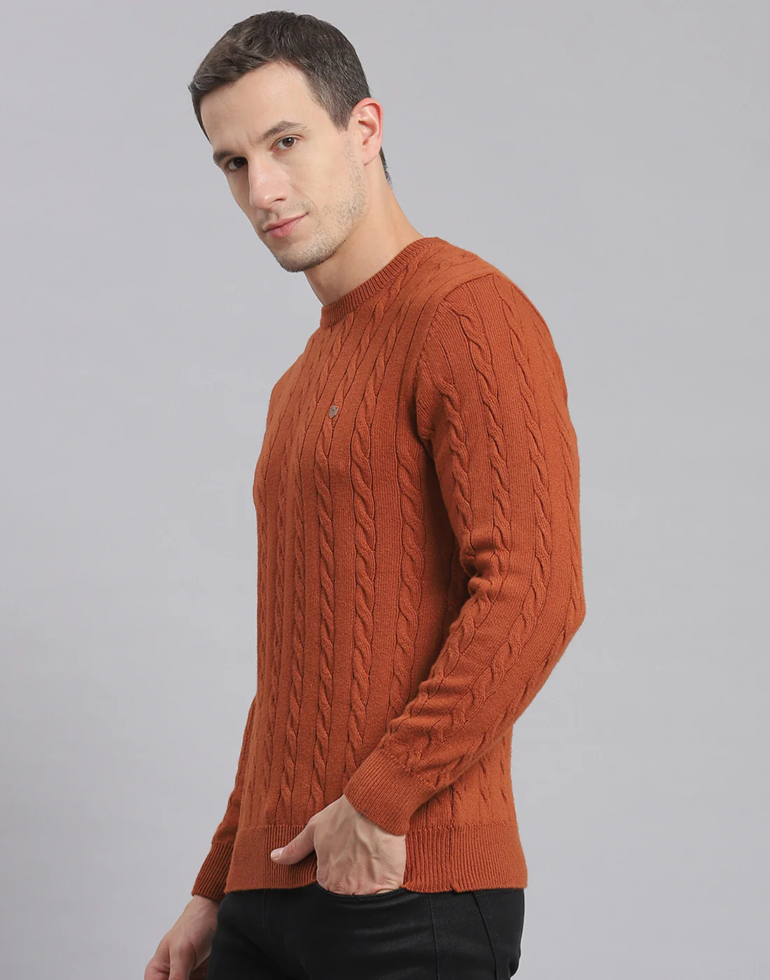Men Rust Self Design Round Neck Full Sleeve Sweater - Image 3