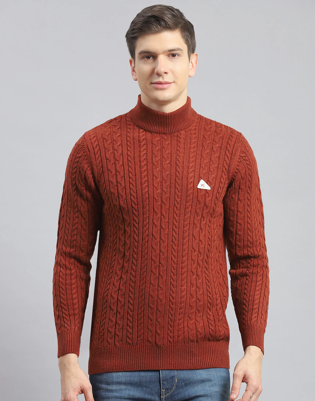 Men Rust Self Design T Neck Full Sleeve Pullover
