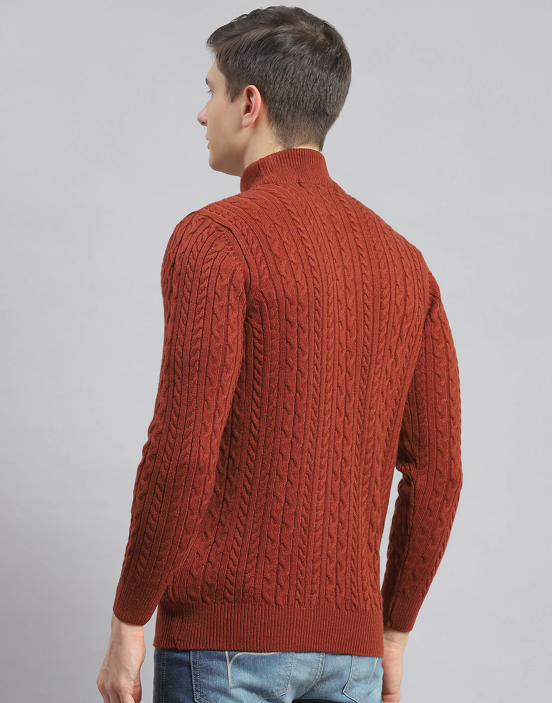 Men Rust Self Design T Neck Full Sleeve Pullover - Image 5