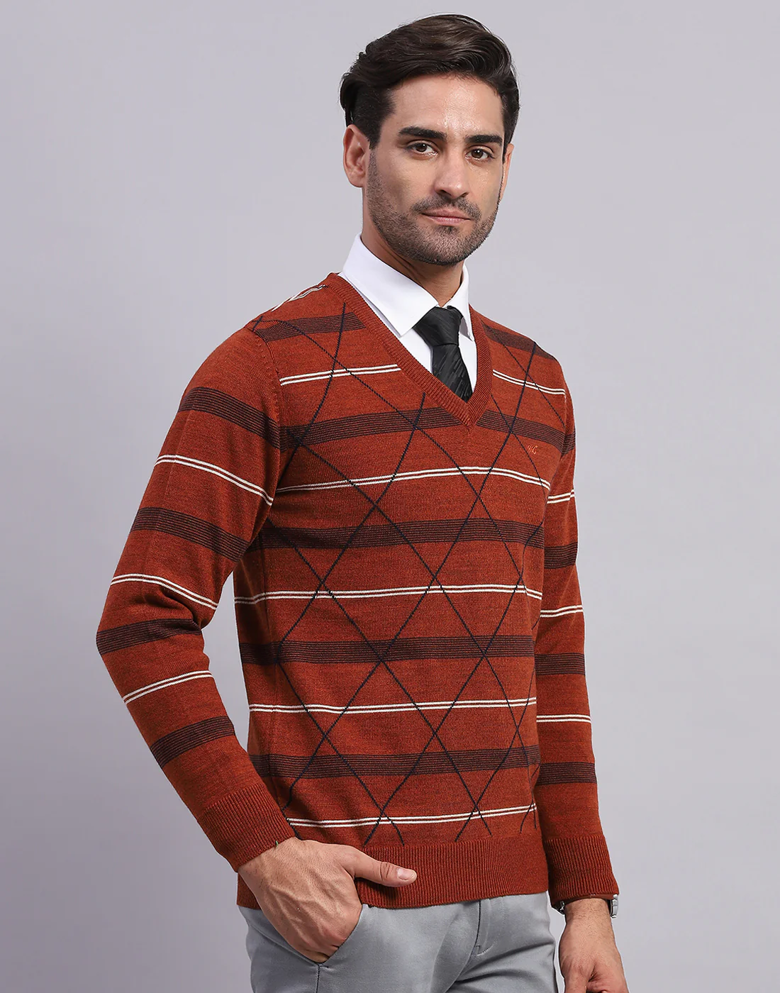 Men Rust Self Design V Neck Full Sleeve Pullover - Image 4
