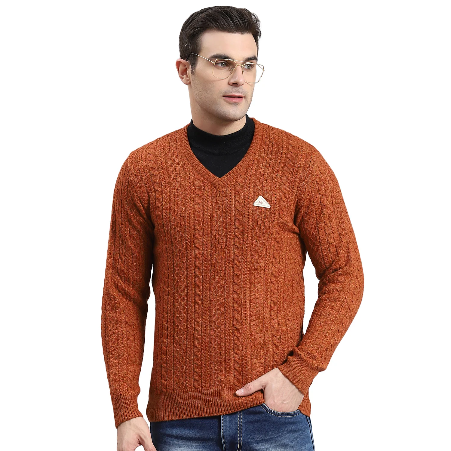 Men Rust Self Design V Neck Full Sleeve Sweater - Image 5