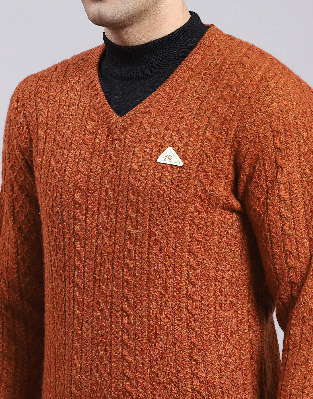 Men Rust Self Design V Neck Full Sleeve Sweater - Image 7