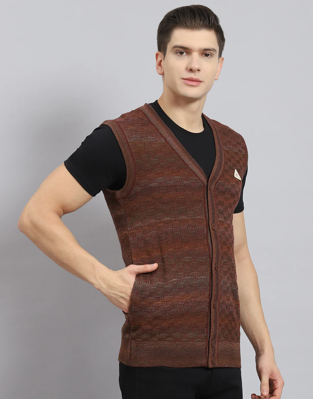 Men Rust Self Design V Neck Sleeveless Sweater - Image 6