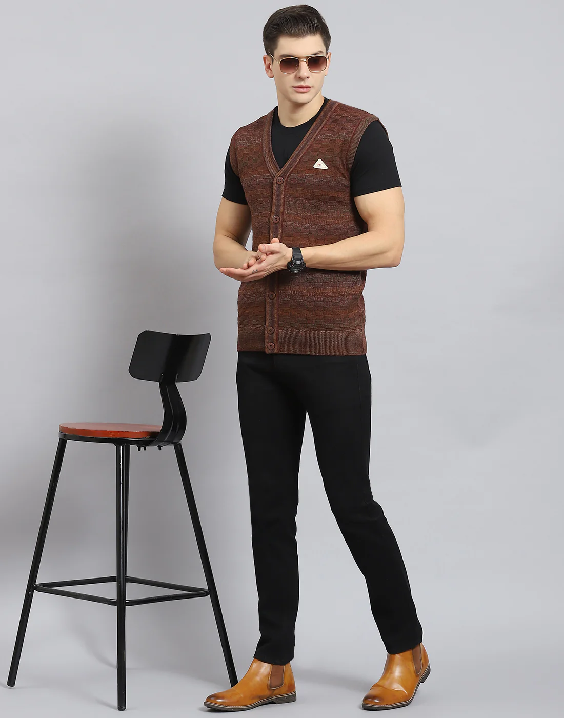 Men Rust Self Design V Neck Sleeveless Sweater - Image 7