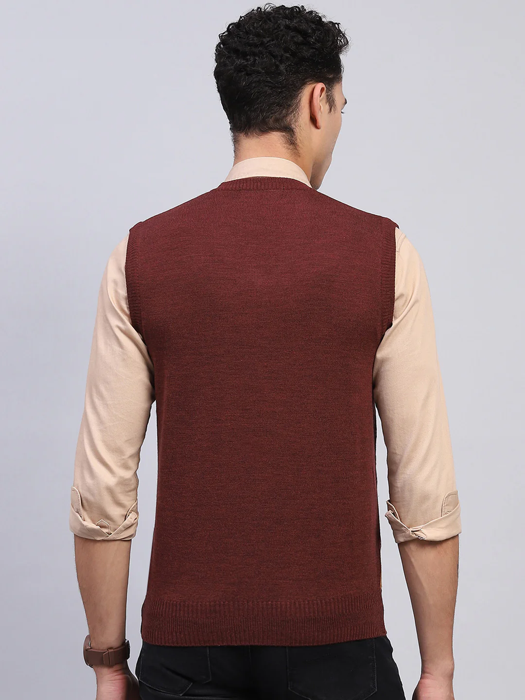 Men Rust Self Design V Neck Sleeveless Sweater - Image 5