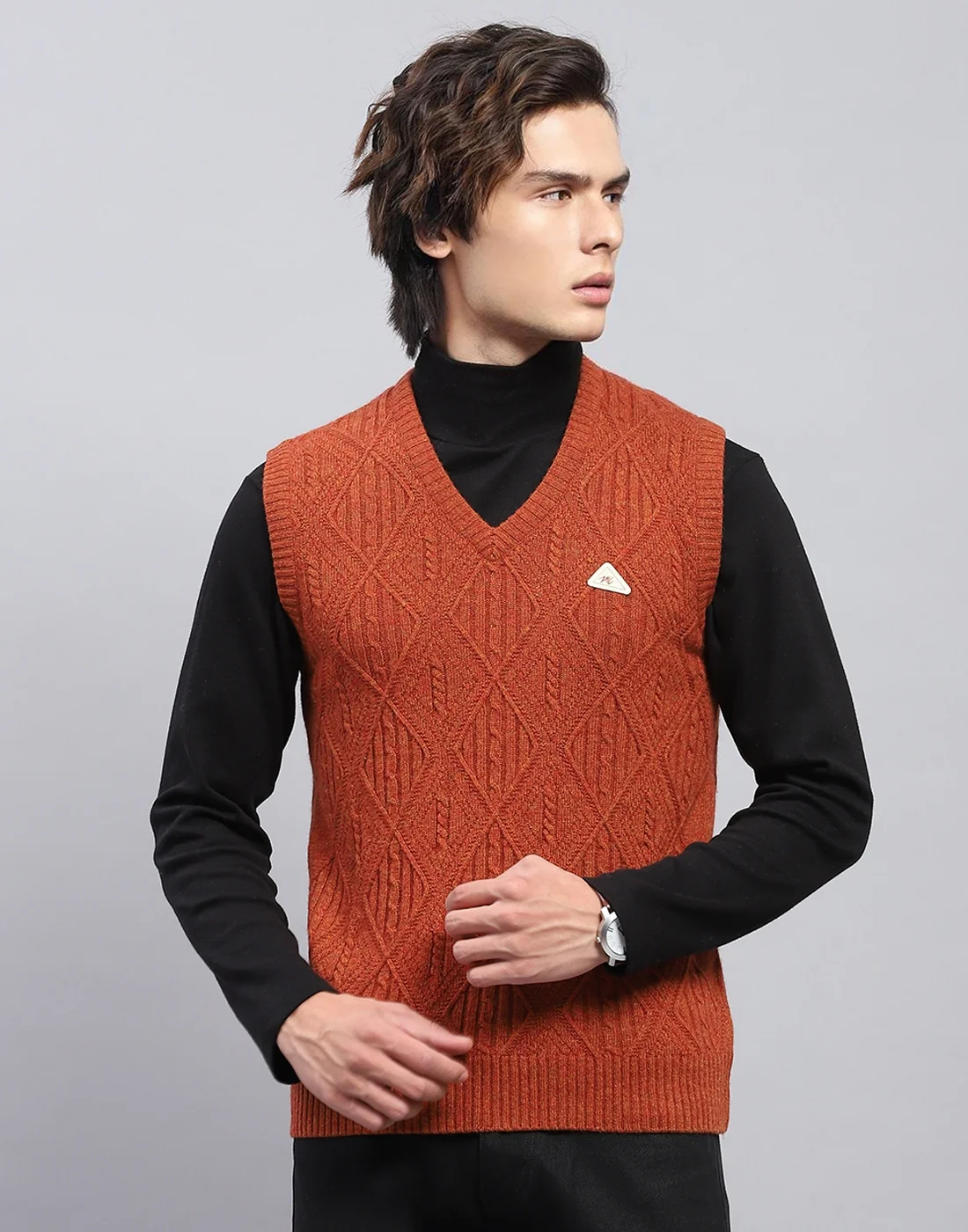 Men Rust Self Design V Neck Sleeveless Sweater - Image 2