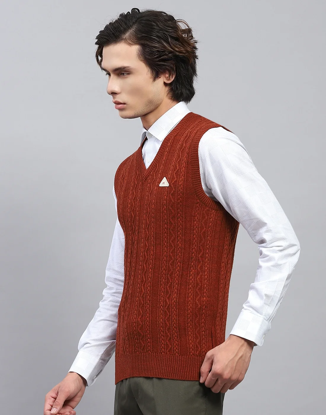 Men Rust Self Design V Neck Sleeveless Sweater - Image 3