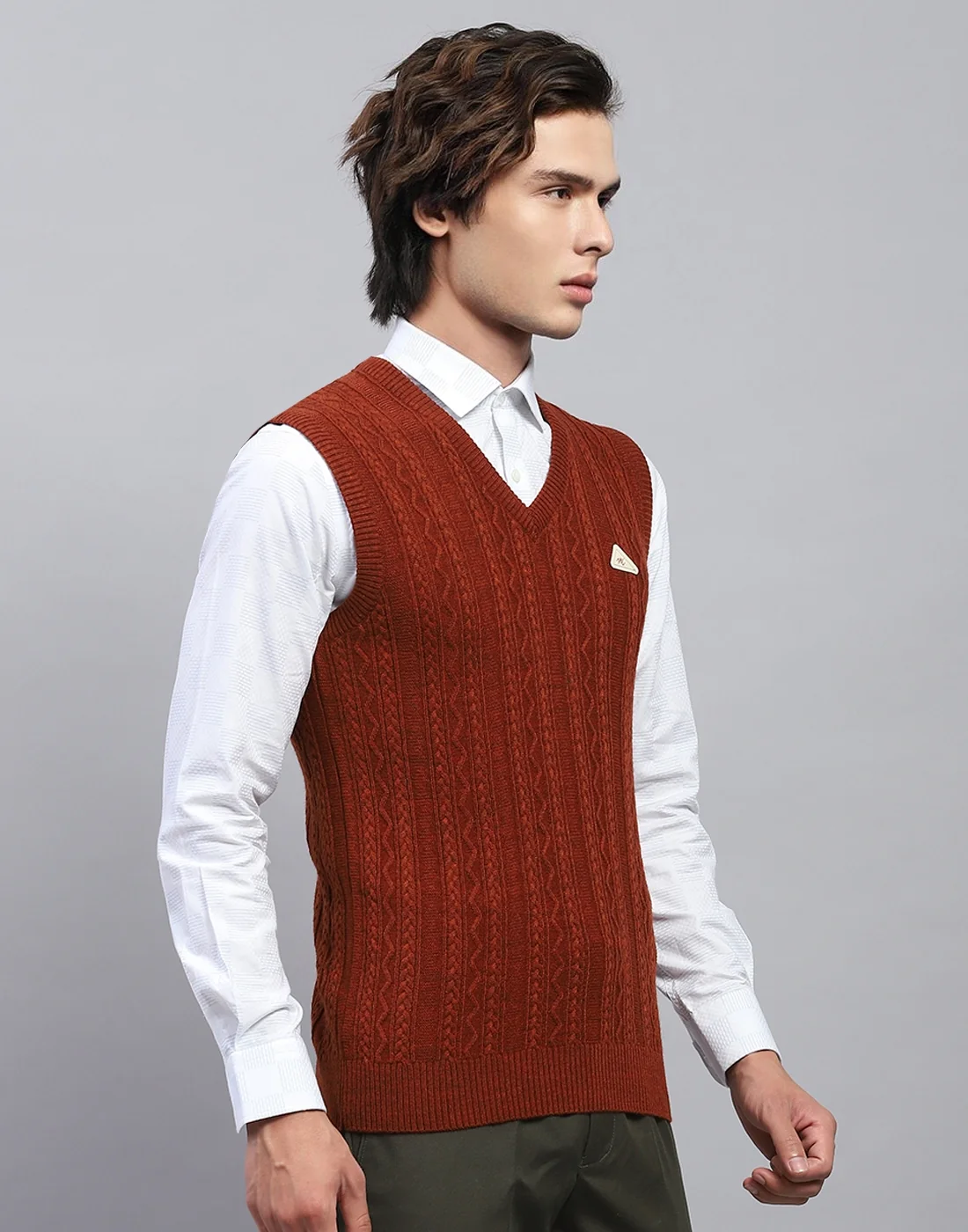 Men Rust Self Design V Neck Sleeveless Sweater - Image 4