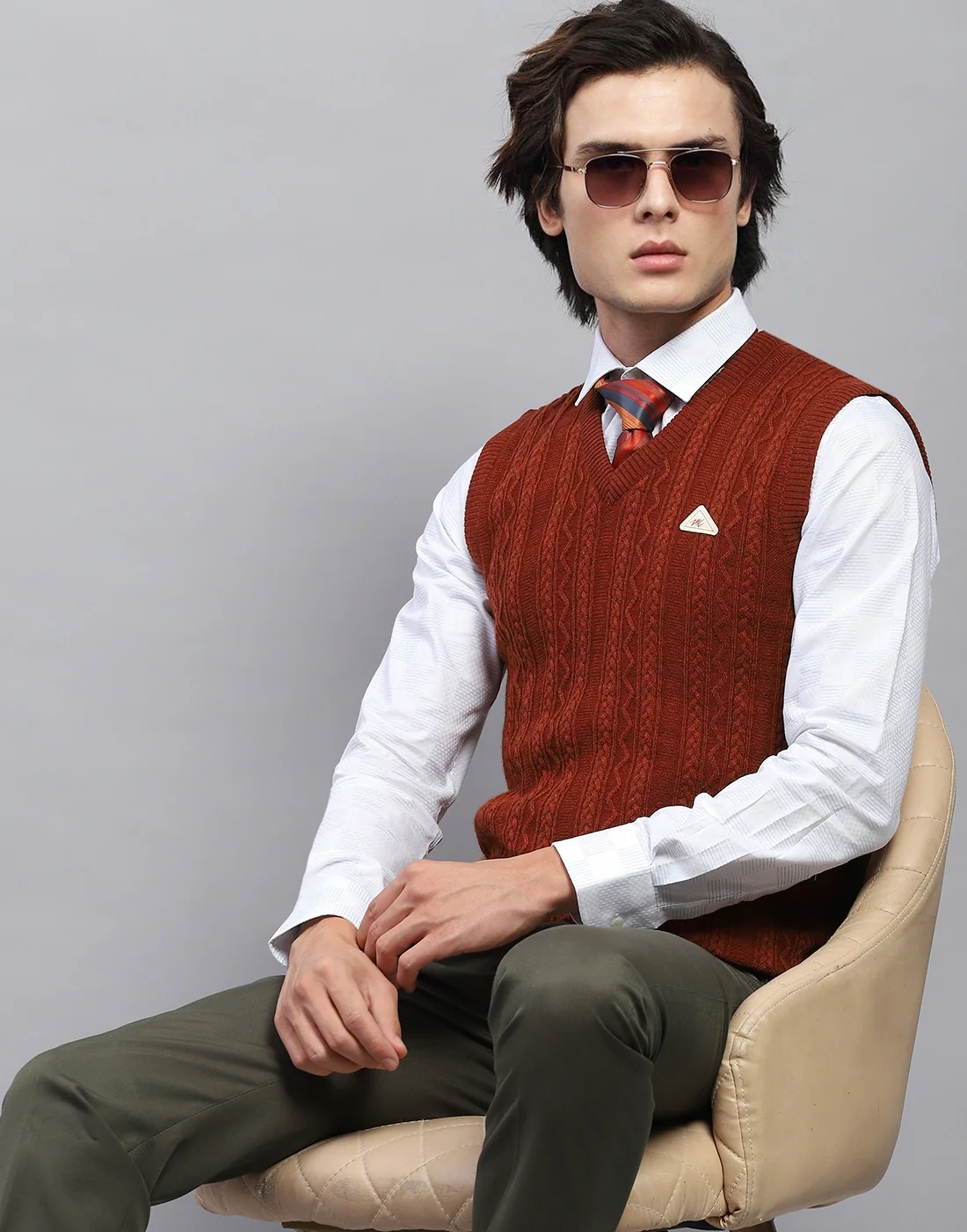 Men Rust Self Design V Neck Sleeveless Sweater - Image 6