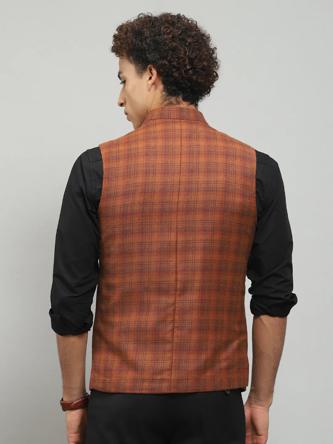 Men Rust Solid Band Collar Sleeveless Jacket - Image 5