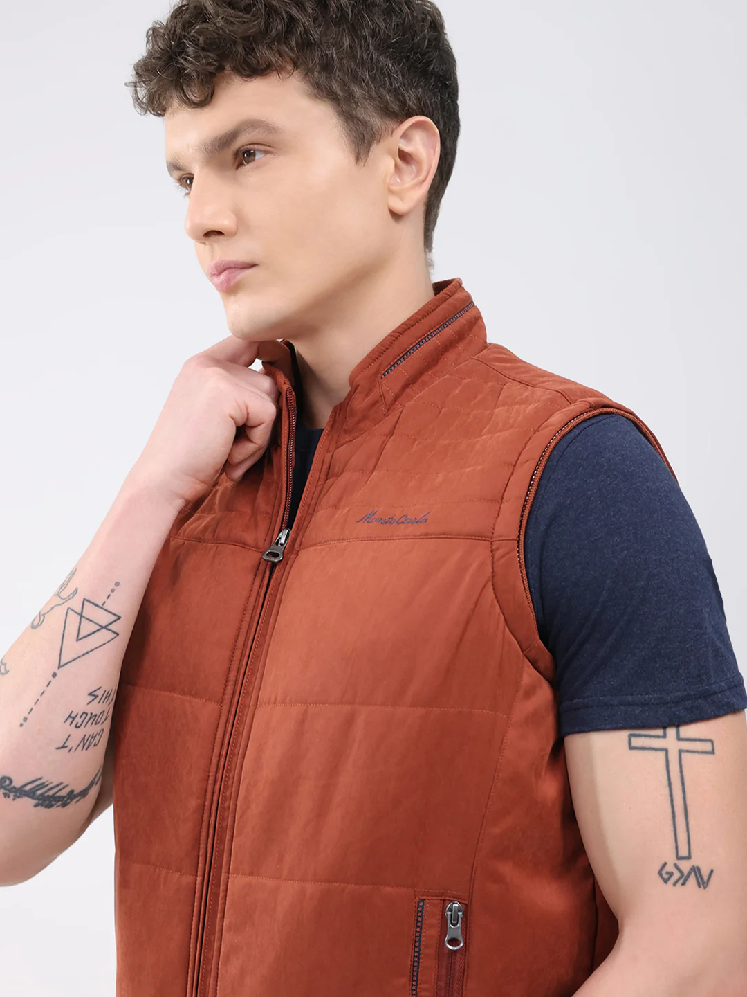 Men Rust Solid Collar Sleeveless Jacket - Image 6