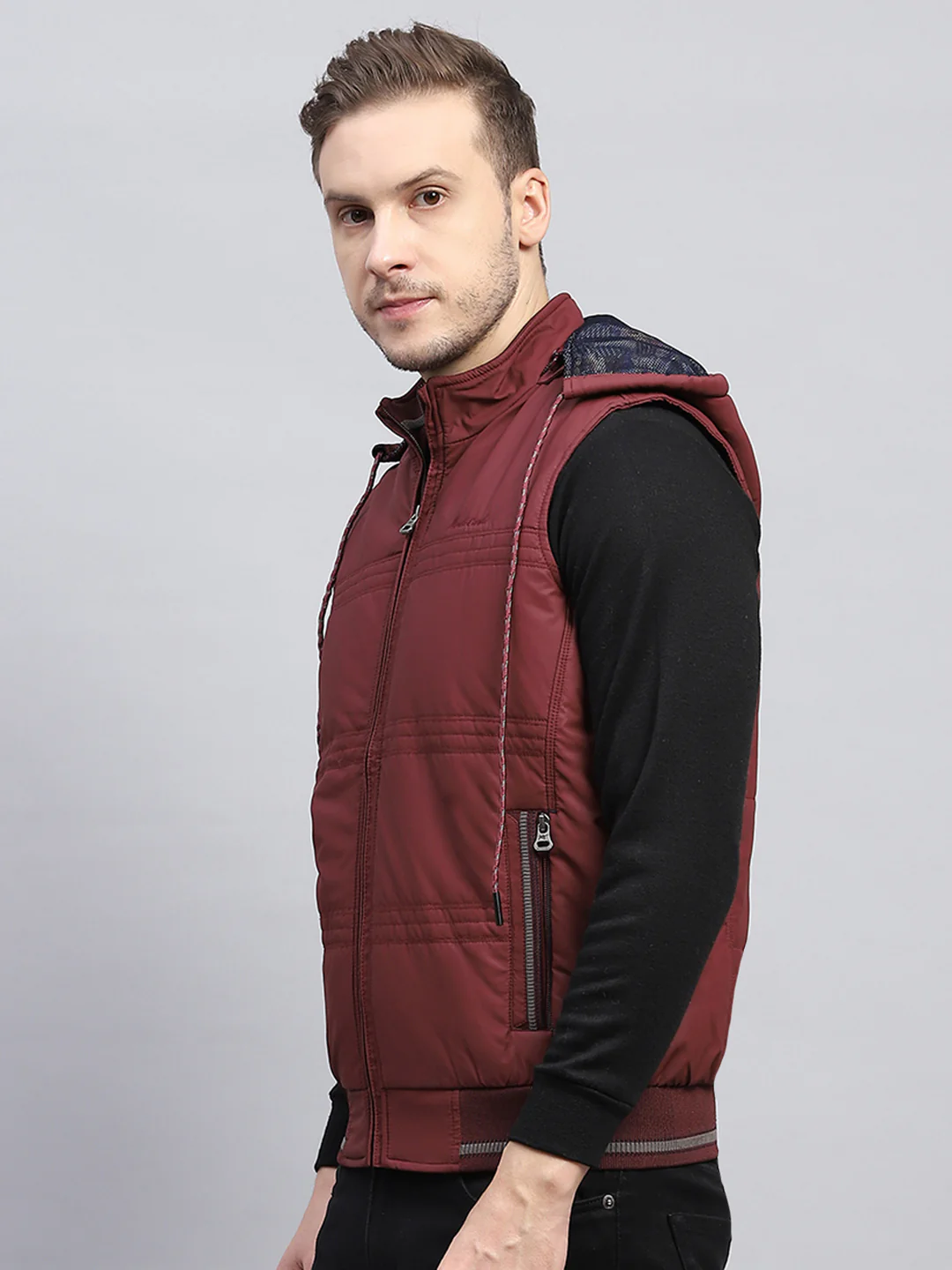 Men Rust Solid Detachable Hood Sleeveless Jacket - Image 3