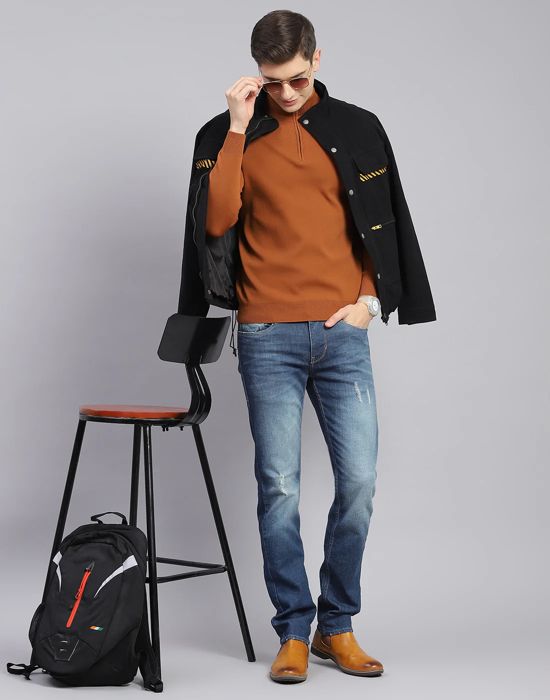 Men Rust Solid H Neck Full Sleeve Sweater - Image 2