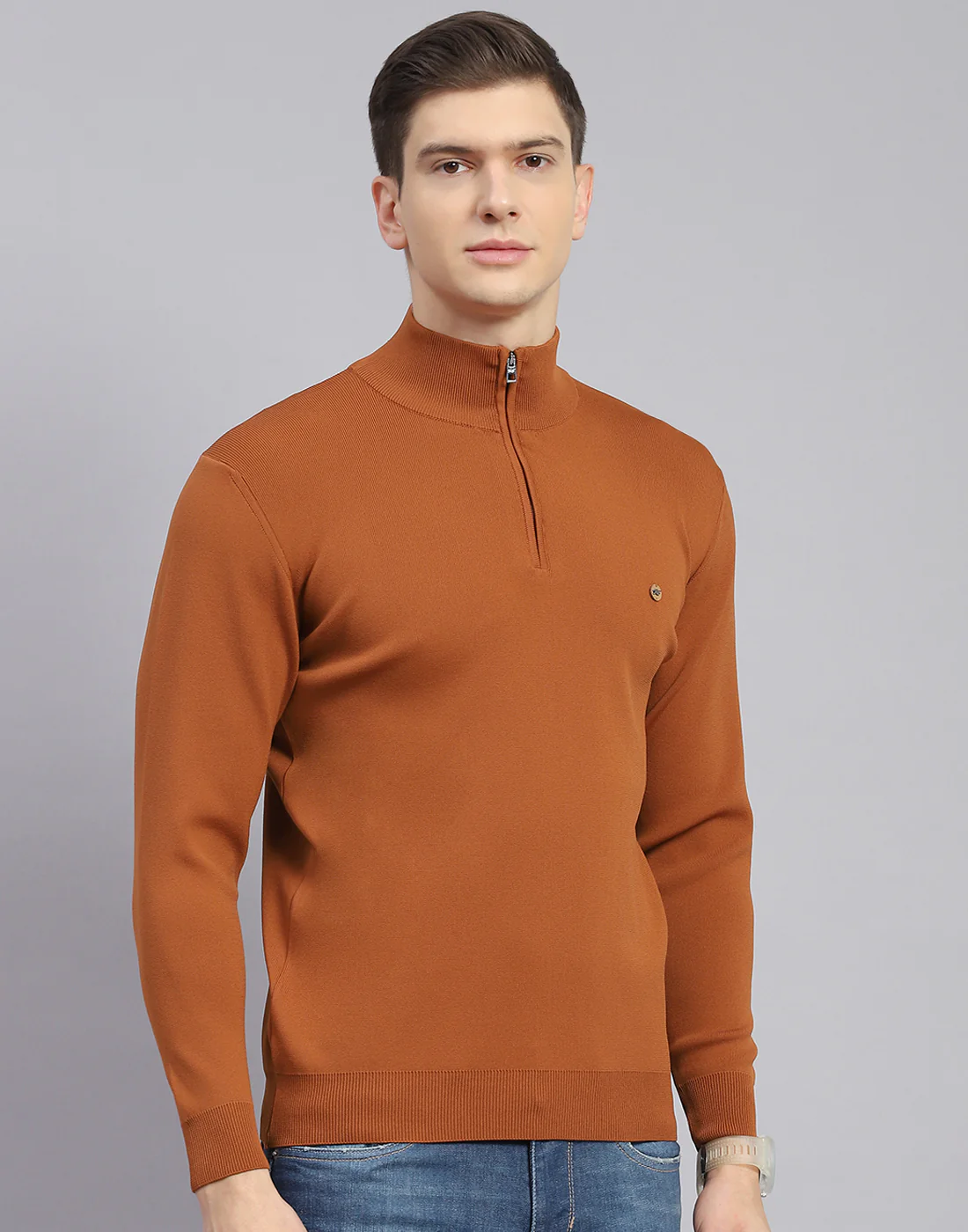 Men Rust Solid H Neck Full Sleeve Sweater - Image 4