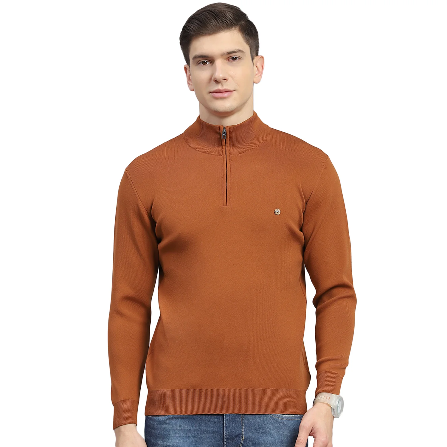 Men Rust Solid H Neck Full Sleeve Sweater - Image 5