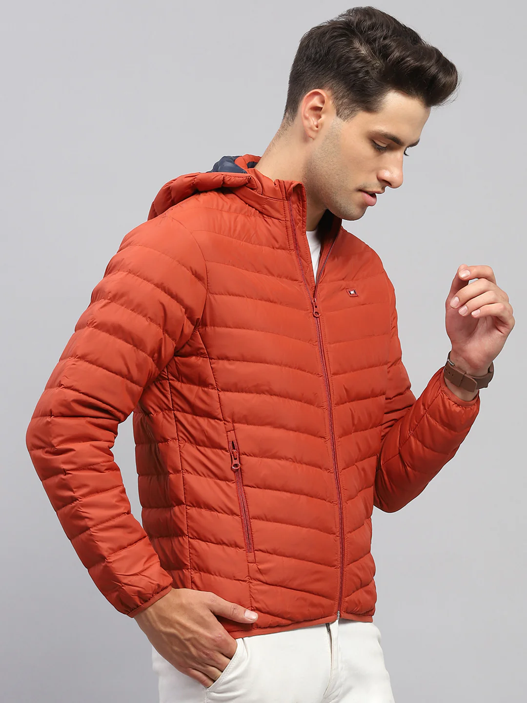 Men Rust Solid Hooded Full Sleeve Jacket - Image 4