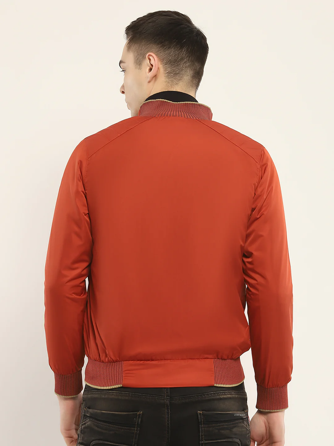 Men Rust Solid Mock Neck Full Sleeve Jacket - Image 5