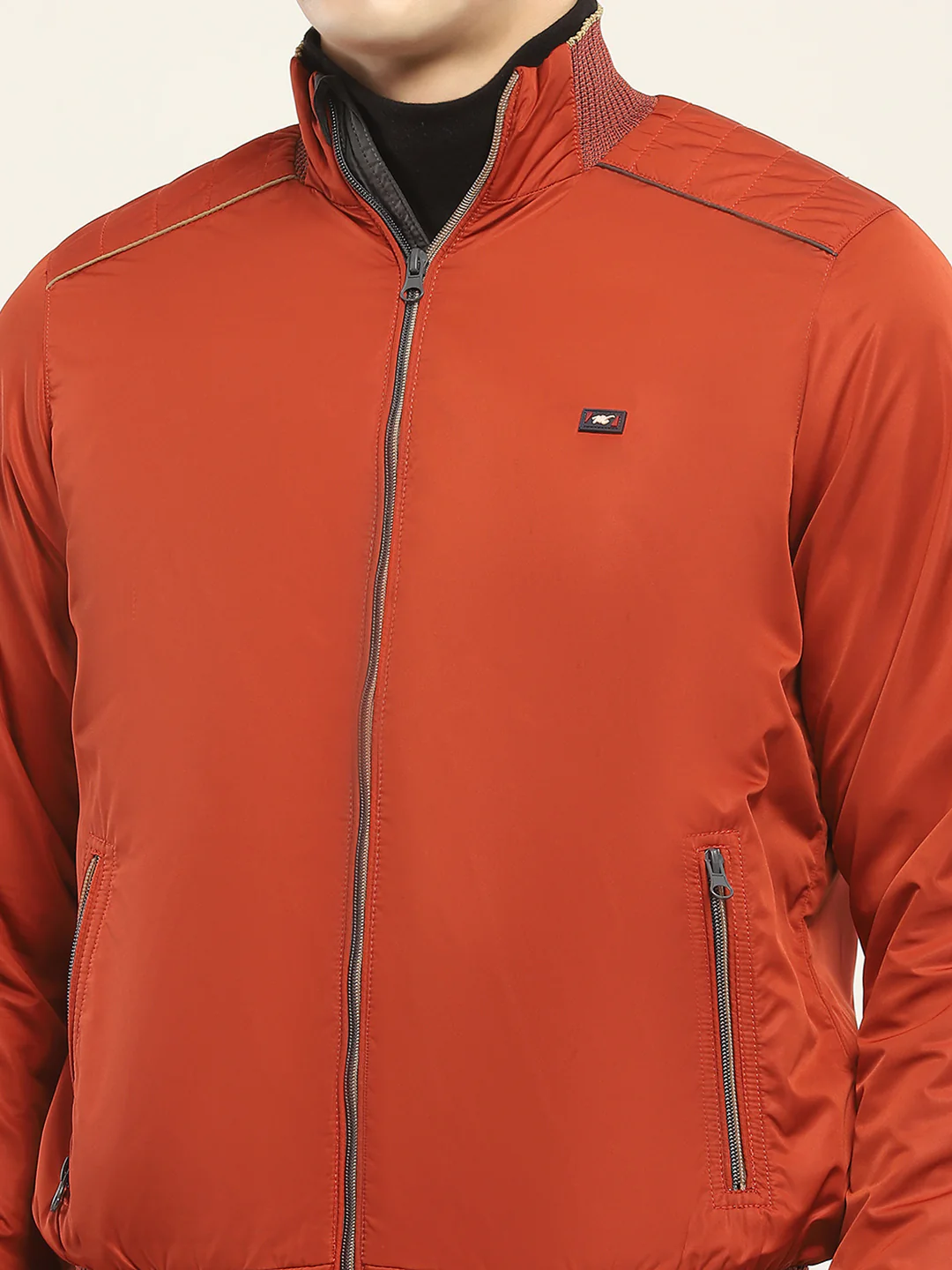 Men Rust Solid Mock Neck Full Sleeve Jacket - Image 7