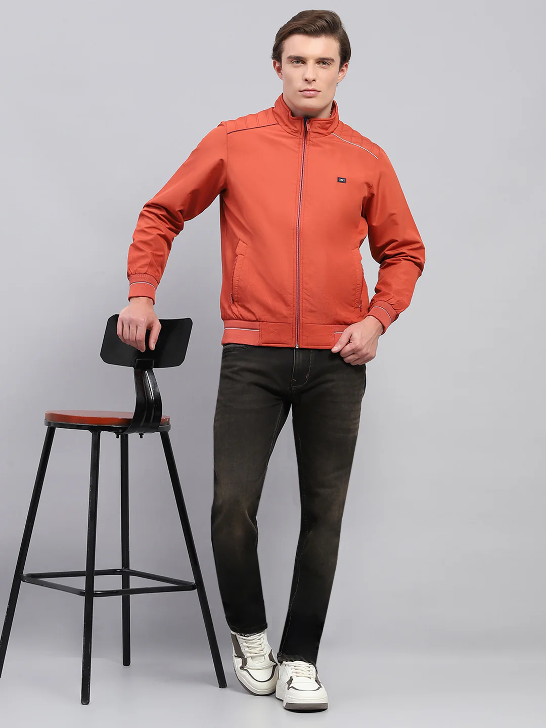 Men Rust Solid Mock Neck Full Sleeve Jacket - Image 2