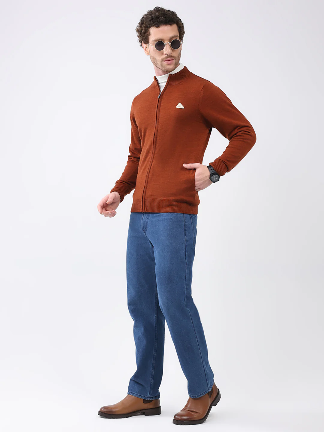 Men Rust Solid Mock Neck Full Sleeve Pullover - Image 2