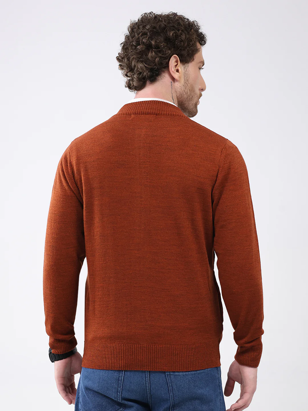 Men Rust Solid Mock Neck Full Sleeve Pullover - Image 5