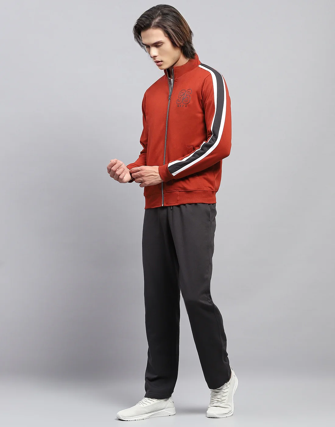 Men Rust Solid Mock Neck Full Sleeve Winter Tracksuit - Image 3