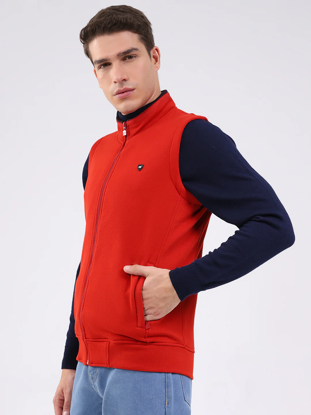 Men Rust Solid Mock Neck Sleeveless Sweatshirt - Image 3