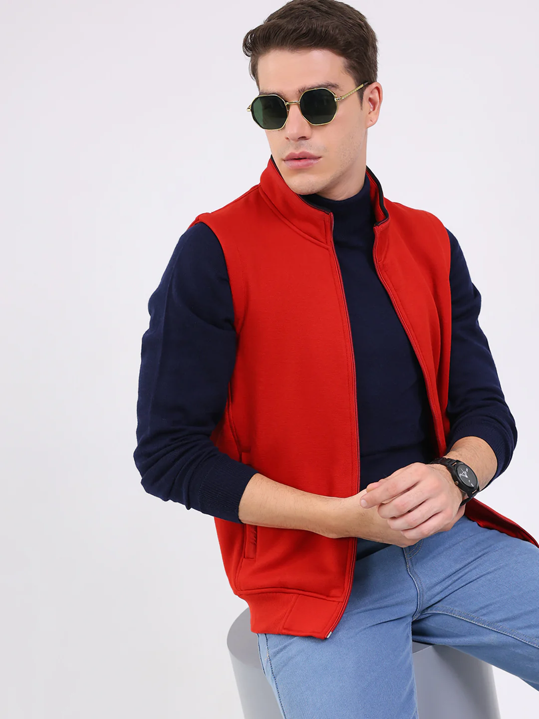 Men Rust Solid Mock Neck Sleeveless Sweatshirt - Image 6