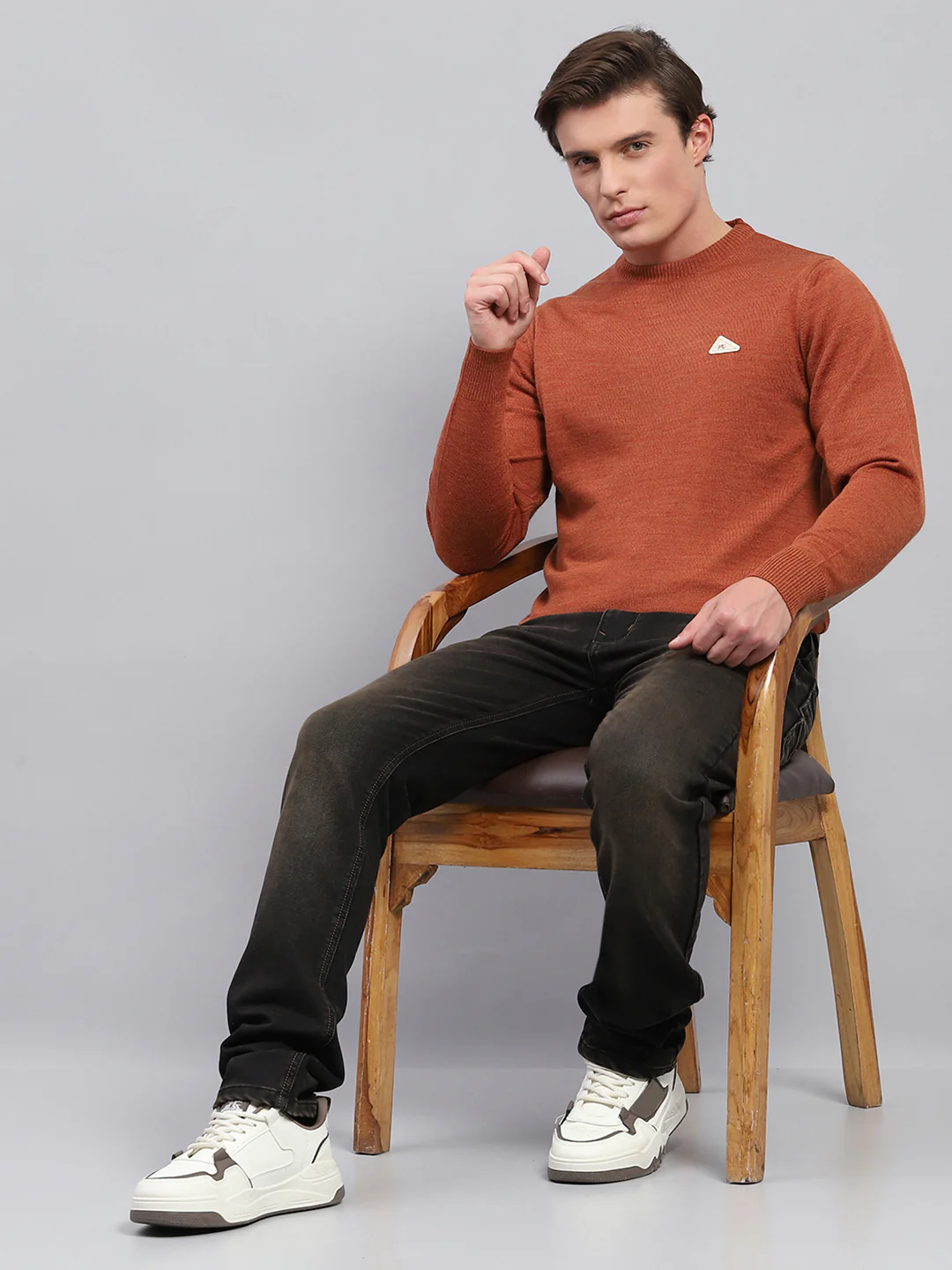 Men Rust Solid Round Neck Full Sleeve Pullover - Image 2