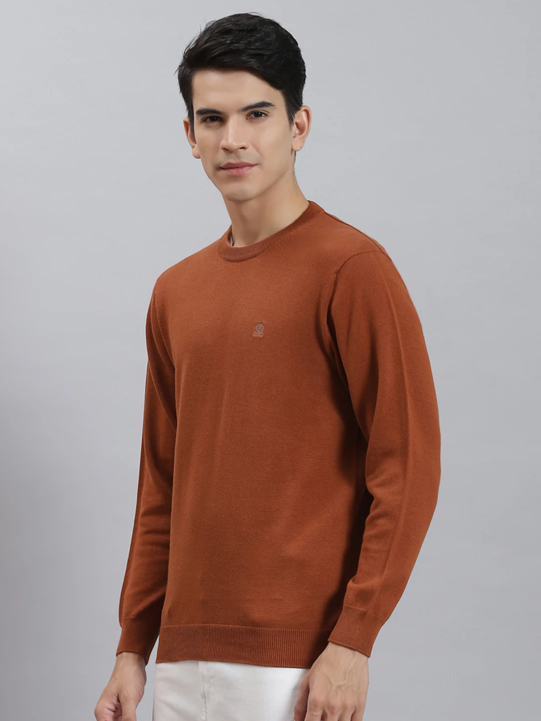 Men Rust Solid Round Neck Full Sleeve Sweaters/Pullovers - Image 3