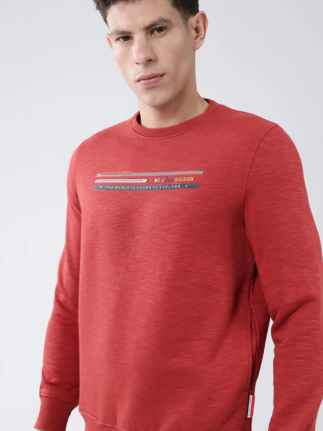 Men Rust Solid Round Neck Full Sleeve Sweatshirt - Image 6