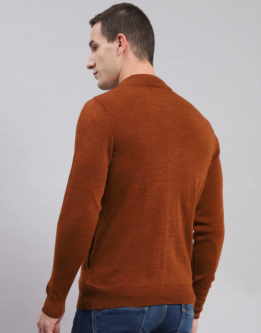 Men Rust Solid Stand Collar Full Sleeve Pullover - Image 5