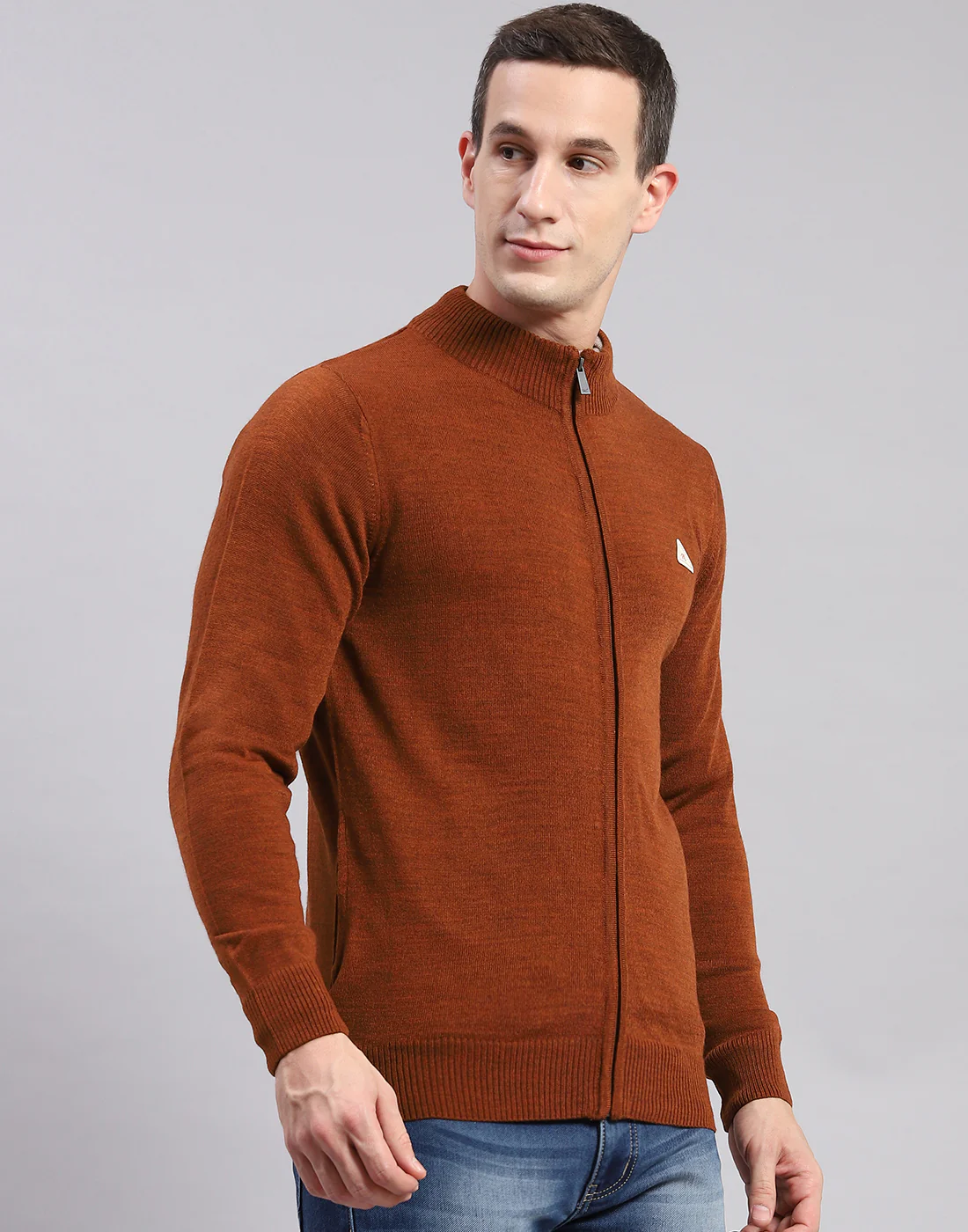 Men Rust Solid Stand Collar Full Sleeve Sweaters/Pullovers - Image 4