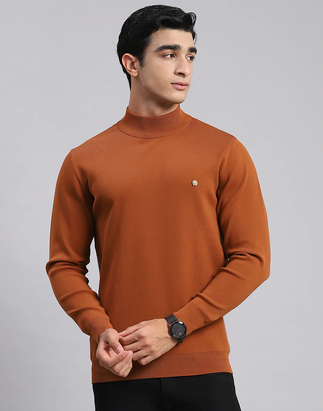 Men Rust Solid T Neck Full Sleeve Sweaters/Pullovers - Image 3