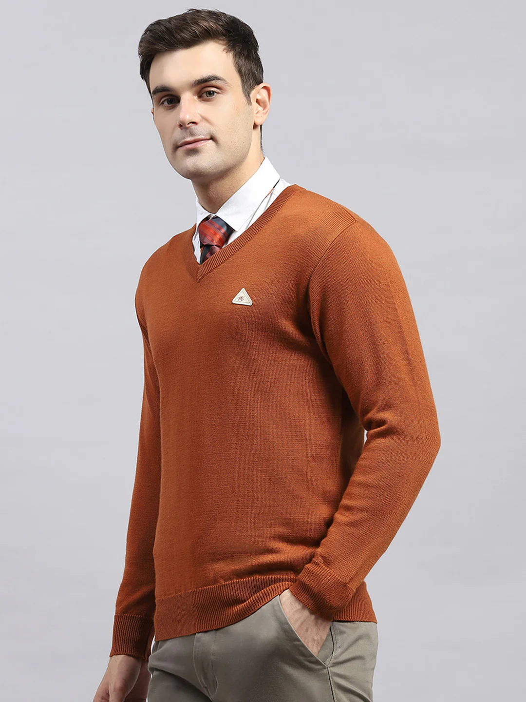 Men Rust Solid V Neck Full Sleeve Pullover - Image 3