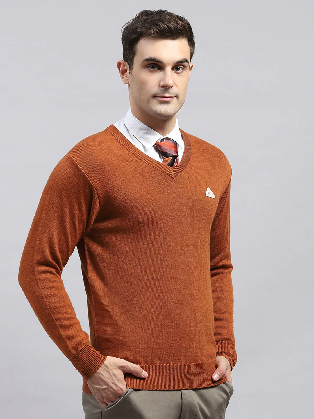 Men Rust Solid V Neck Full Sleeve Pullover - Image 4