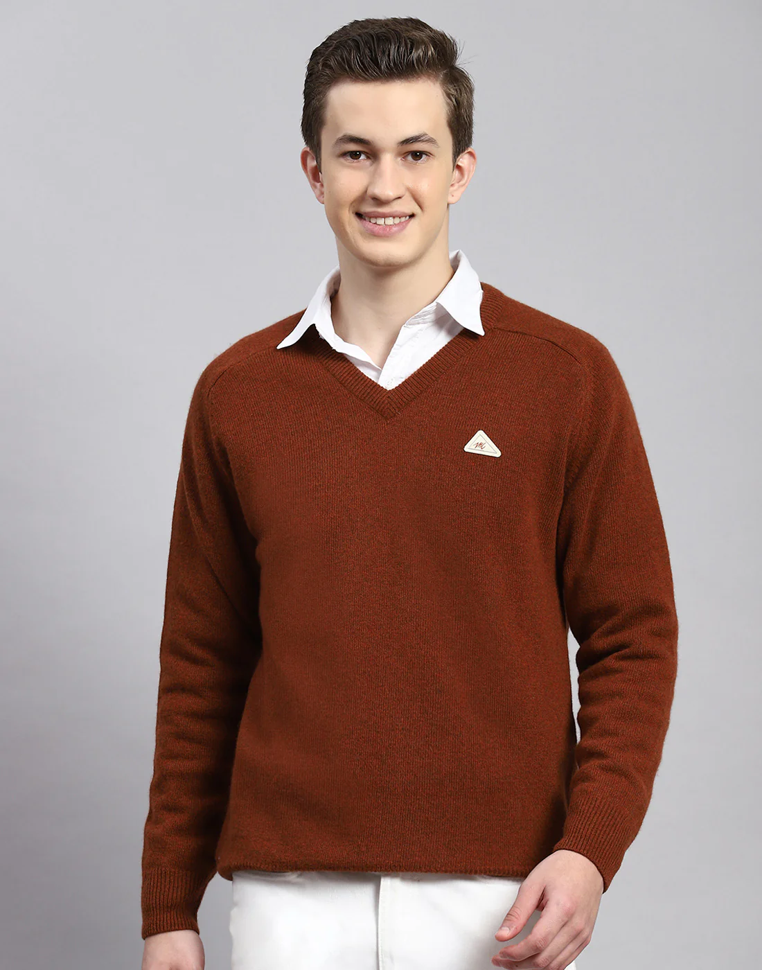 Men Rust Solid V Neck Full Sleeve Pullover - Image 2