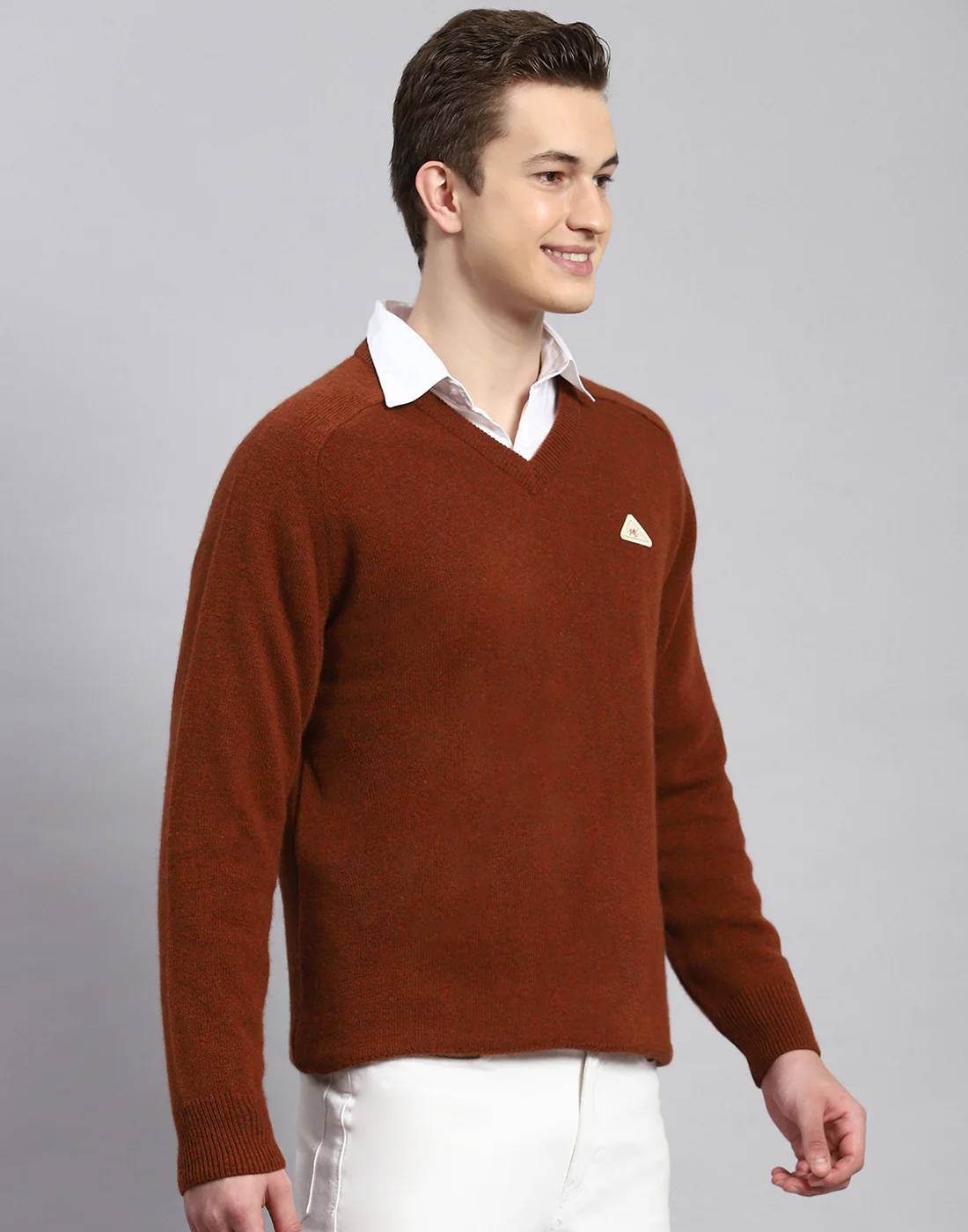 Men Rust Solid V Neck Full Sleeve Pullover - Image 4